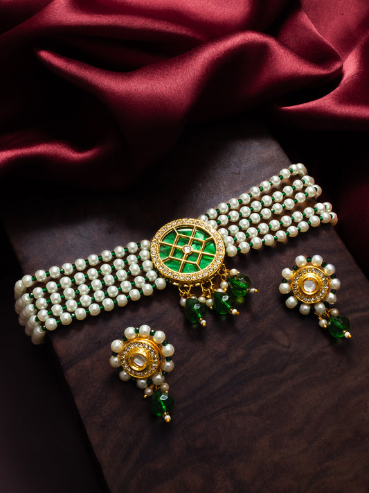 Aadita Gold-Plated Green & White Kundan Choker Necklace Set