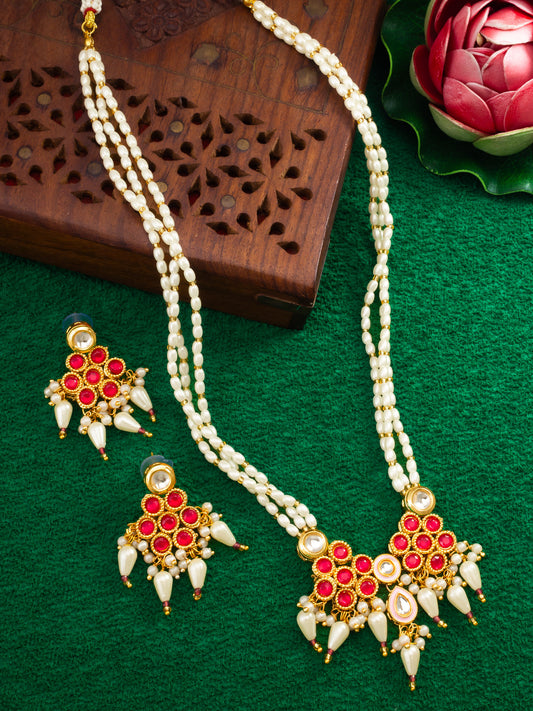 Aadita Gold Plated Kundan Beaded Necklace Set with Earrings for Women