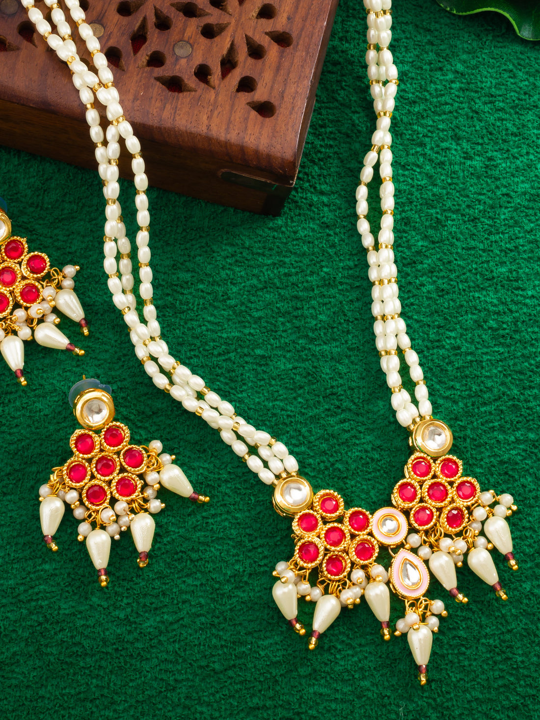 Gold Plated Kundan Beaded Necklace Set with Earrings for Women
