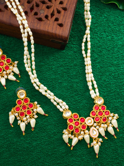 Aadita Gold Plated Kundan Beaded Necklace Set with Earrings for Women
