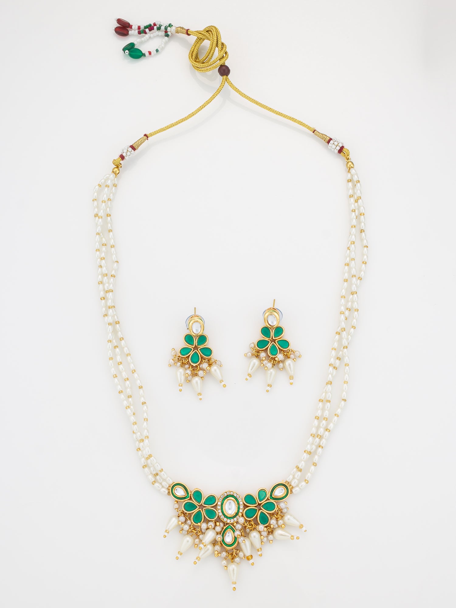 Aadita Gold Plated White & Green Kundan Pearl Traditional Necklace Set for Women
