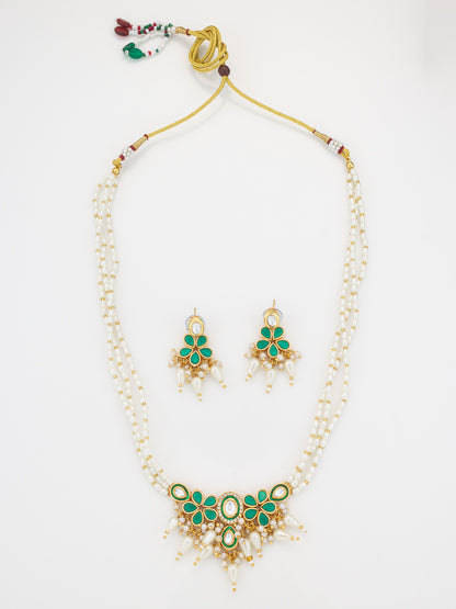 Aadita Gold Plated White & Green Kundan Pearl Traditional Necklace Set for Women