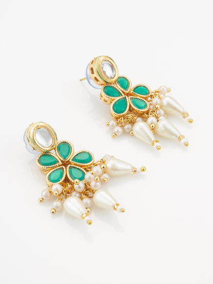 Aadita Gold Plated White & Green Kundan Pearl Traditional Necklace Set for Women
