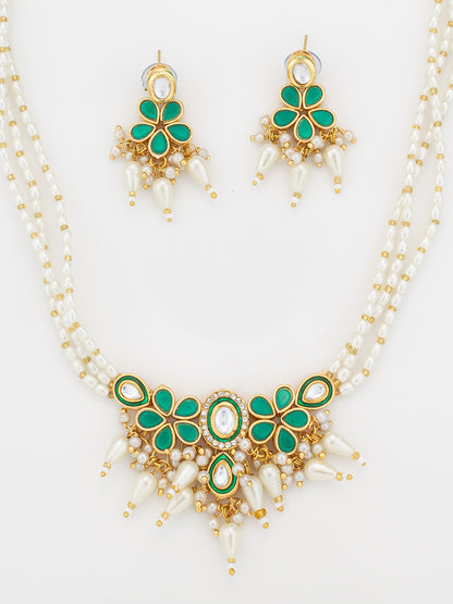 Aadita Gold Plated White & Green Kundan Pearl Traditional Necklace Set for Women