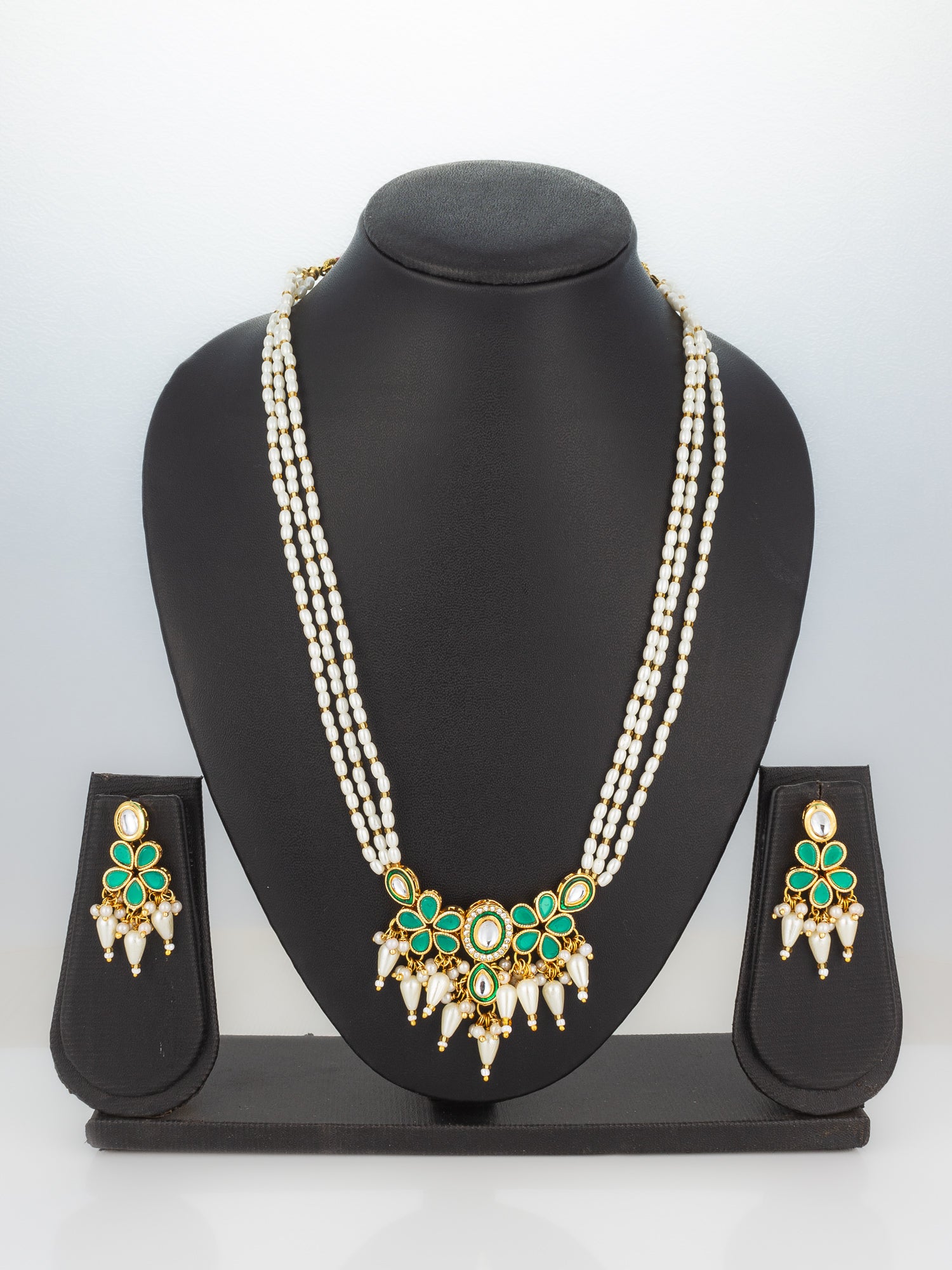 Aadita Gold Plated White & Green Kundan Pearl Traditional Necklace Set for Women