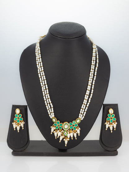 Aadita Gold Plated White & Green Kundan Pearl Traditional Necklace Set for Women