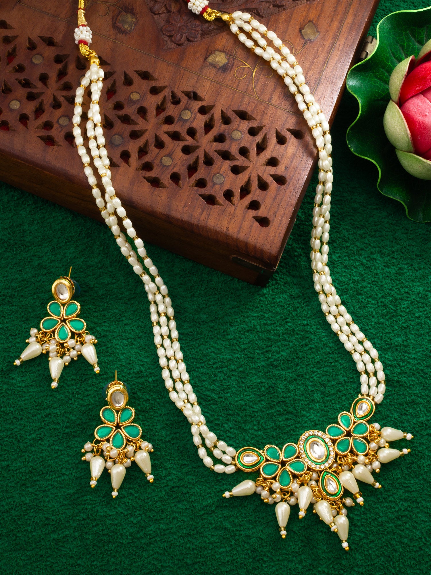 Aadita Gold Plated White & Green Kundan Pearl Traditional Necklace Set for Women