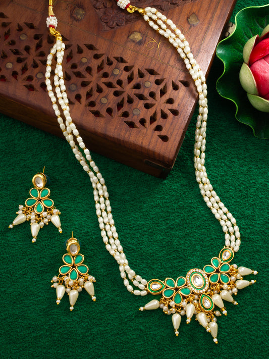 Aadita Gold Plated White & Green Kundan Pearl Traditional Necklace Set for Women
