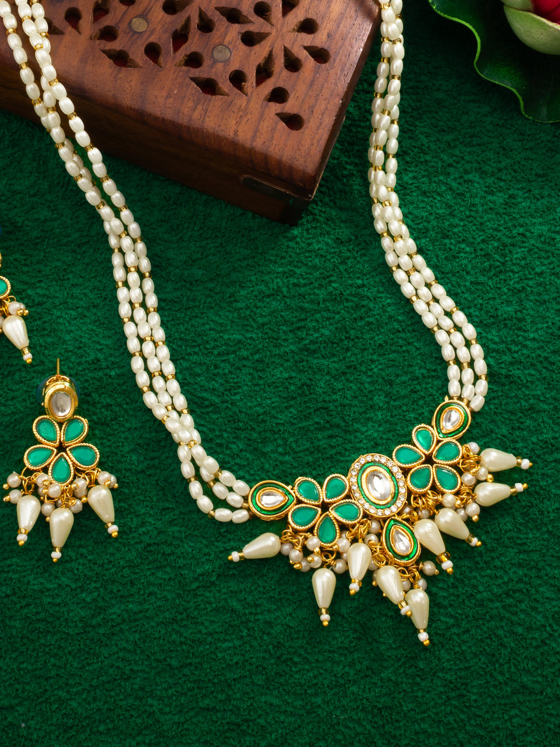 Gold Plated White & Green Kundan Pearl Traditional Necklace Set