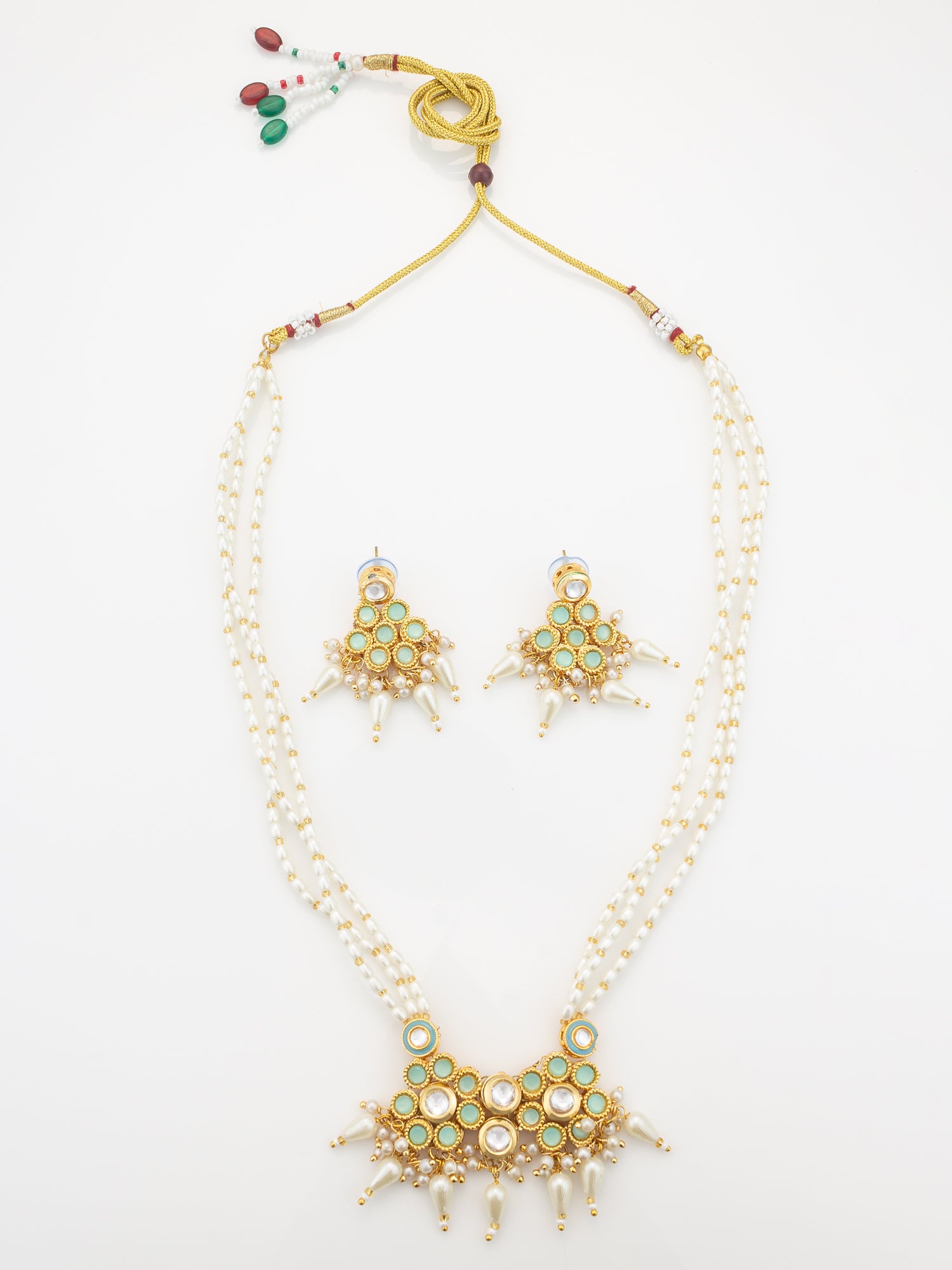 Aadita Mint Green & White Kundan Beaded Gold Plated Necklace Set With Earrings