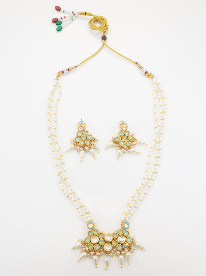Aadita Mint Green & White Kundan Beaded Gold Plated Necklace Set With Earrings