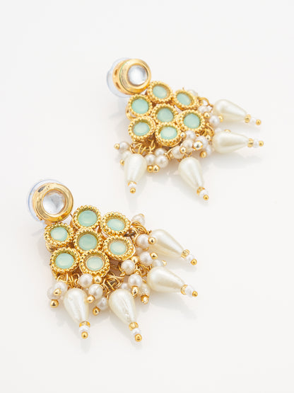 Aadita Mint Green & White Kundan Beaded Gold Plated Necklace Set With Earrings