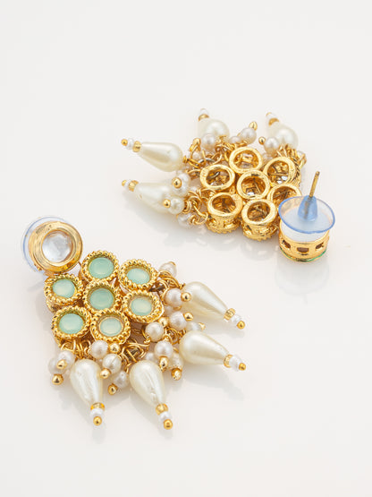 Aadita Mint Green & White Kundan Beaded Gold Plated Necklace Set With Earrings