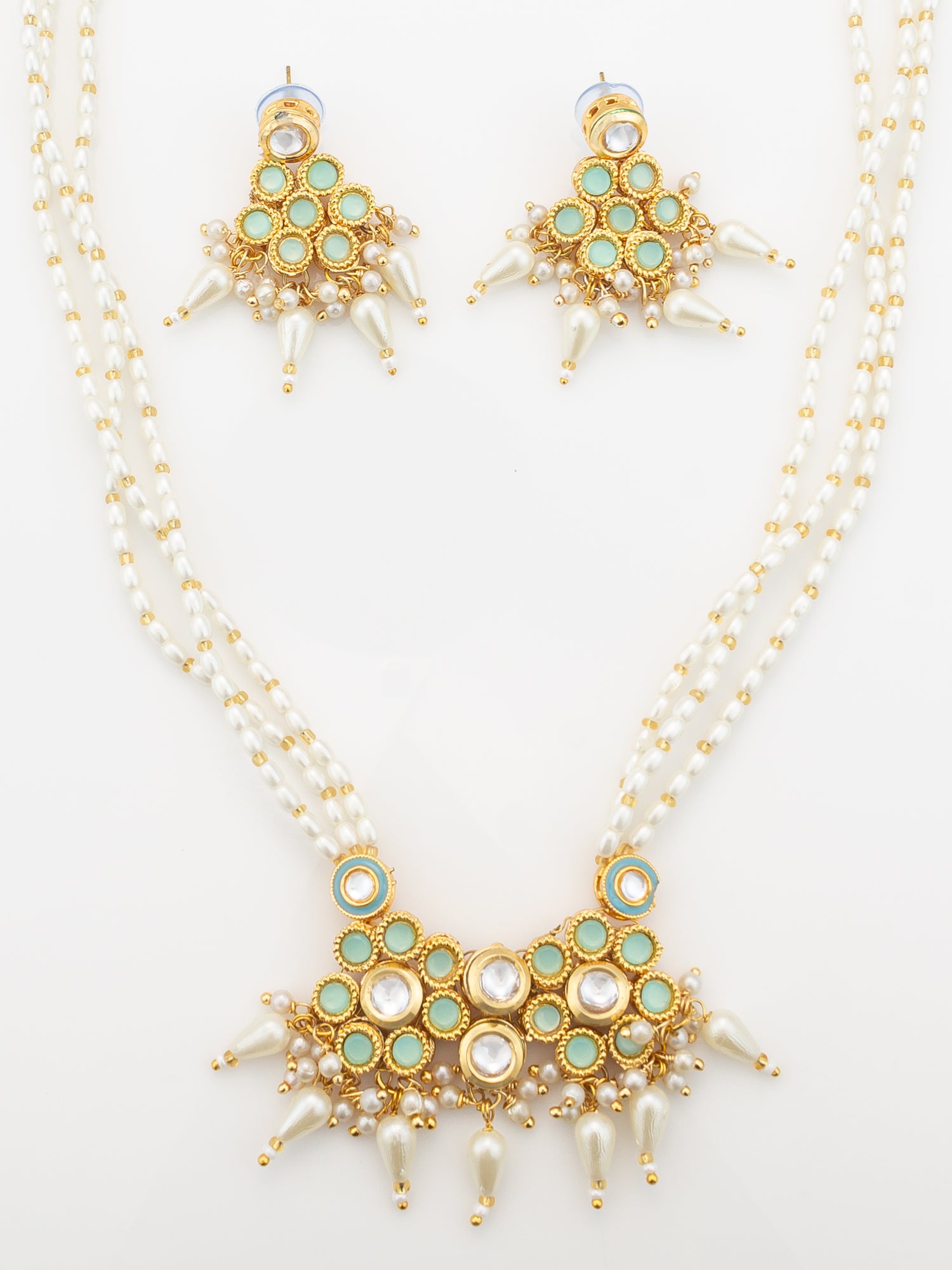 Aadita Mint Green & White Kundan Beaded Gold Plated Necklace Set With Earrings