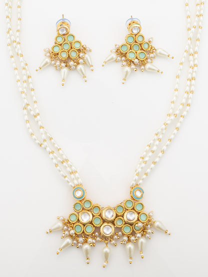 Aadita Mint Green & White Kundan Beaded Gold Plated Necklace Set With Earrings