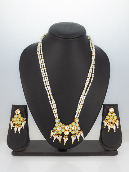 Aadita Mint Green & White Kundan Beaded Gold Plated Necklace Set With Earrings