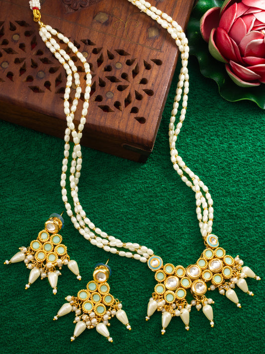 Aadita Mint Green & White Kundan Beaded Gold Plated Necklace Set With Earrings