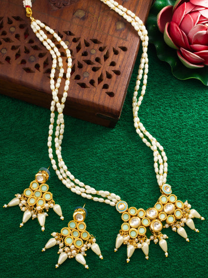 Aadita Mint Green & White Kundan Beaded Gold Plated Necklace Set With Earrings WNK4746