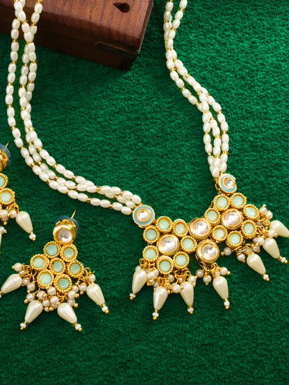 Aadita Mint Green & White Kundan Beaded Gold Plated Necklace Set With Earrings