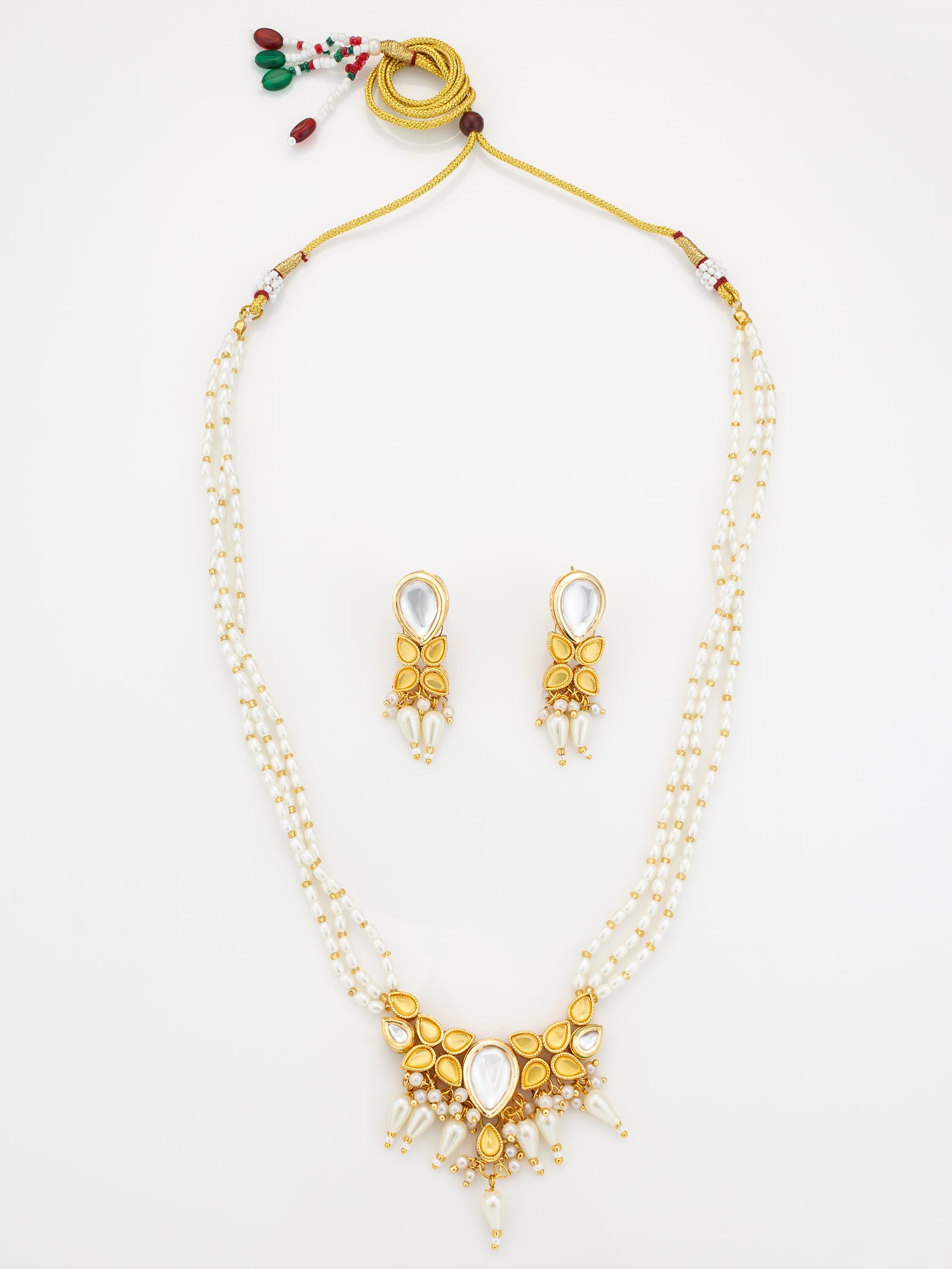 Aadita Gold Plated Kundan & Pearl Layered White Necklace Set with Earrings
