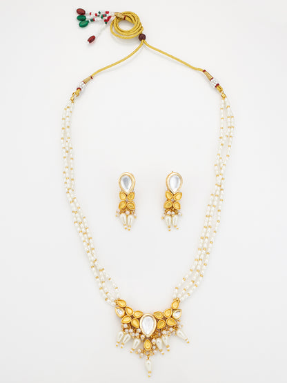 Aadita Gold Plated Kundan & Pearl Layered White Necklace Set with Earrings