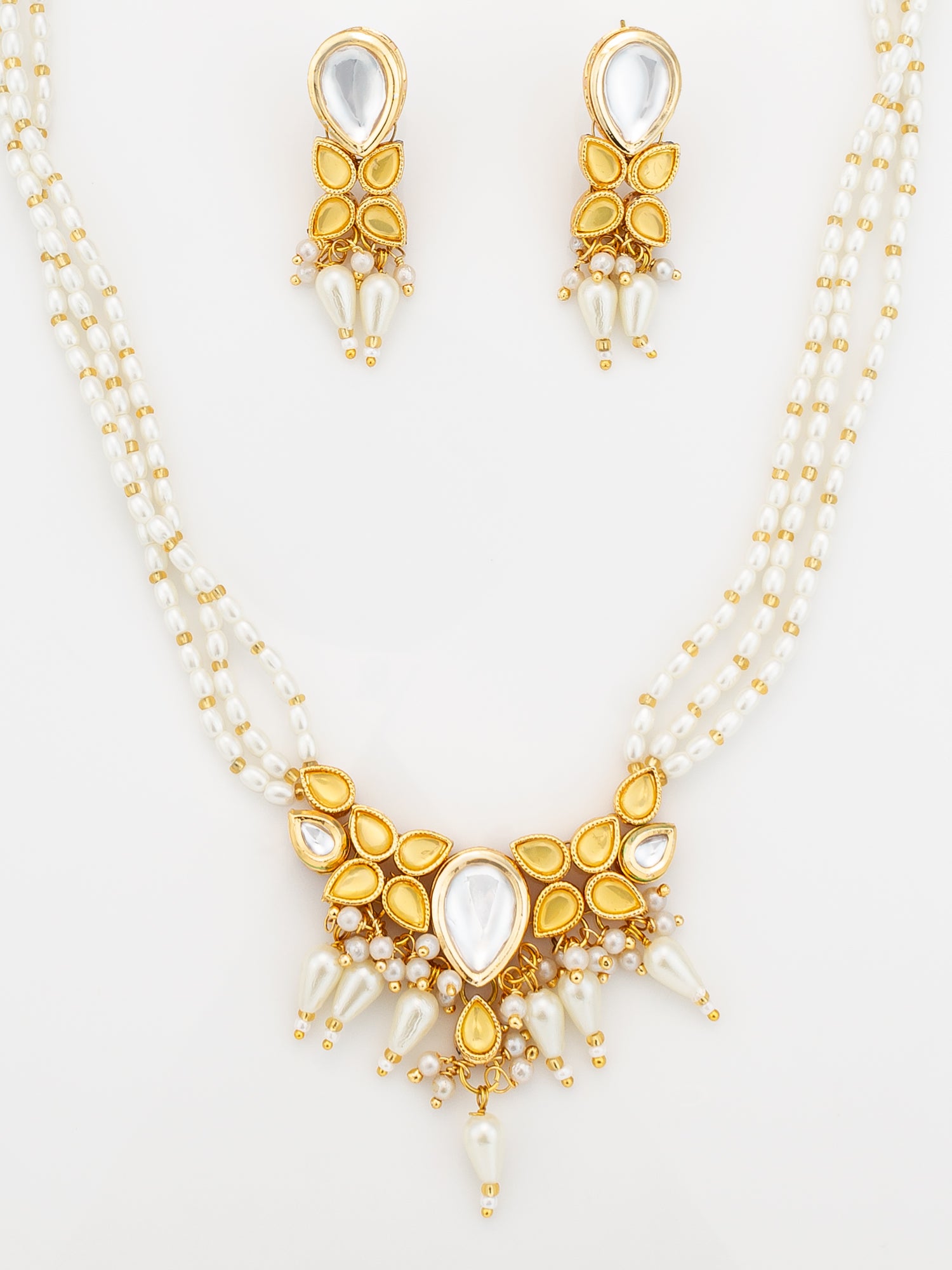 Aadita Gold Plated Kundan & Pearl Layered White Necklace Set with Earrings