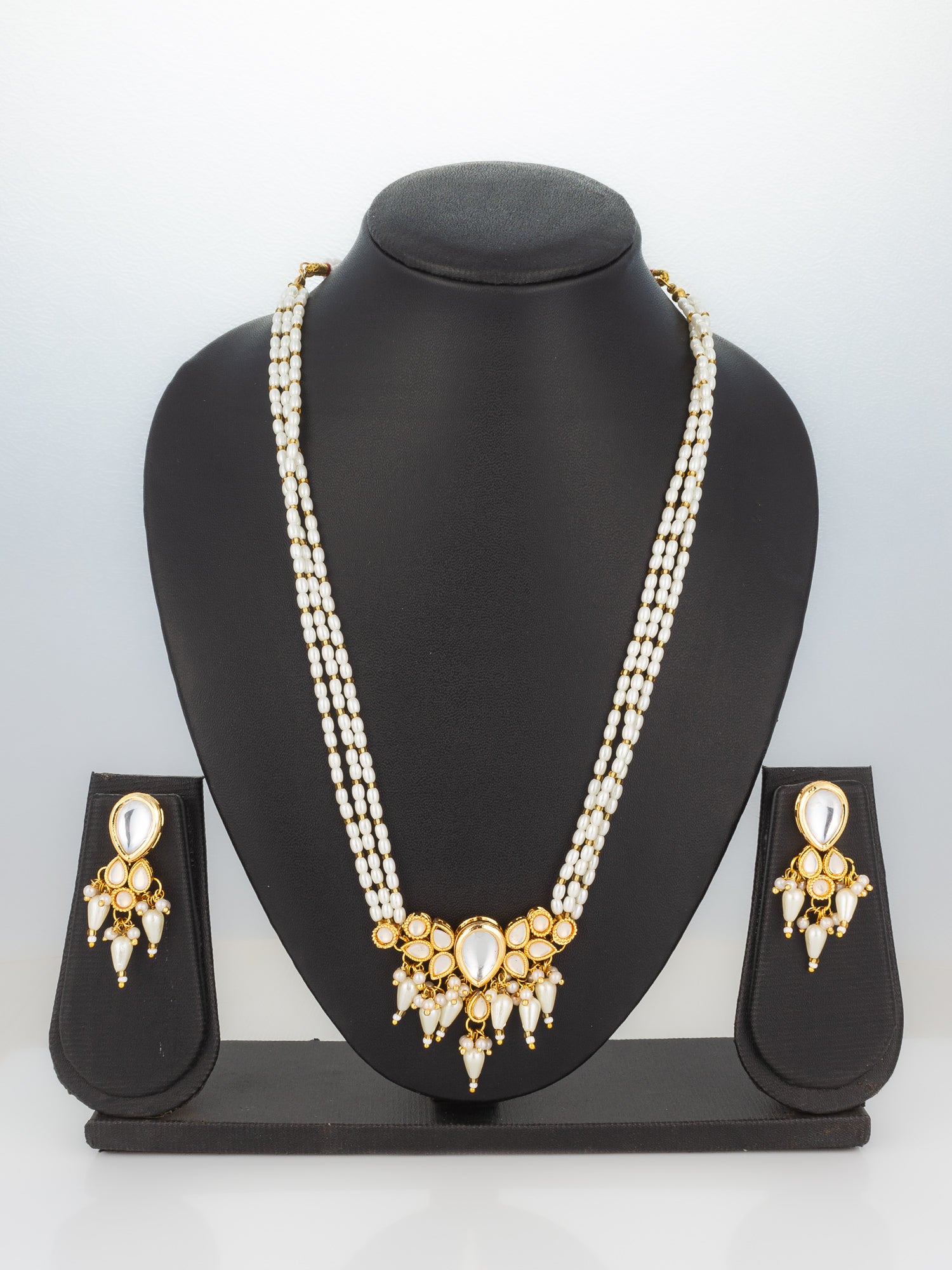 Aadita Gold Plated Kundan & Pearl Layered White Necklace Set with Earrings