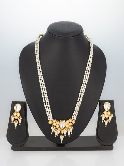 Aadita Gold Plated Kundan & Pearl Layered White Necklace Set with Earrings