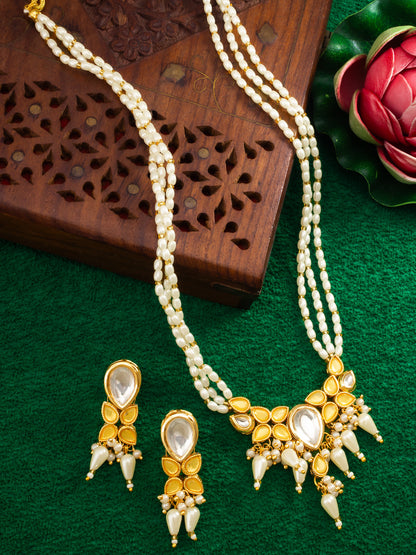 Aadita Gold Plated Kundan & Pearl Layered White Necklace Set with Earrings