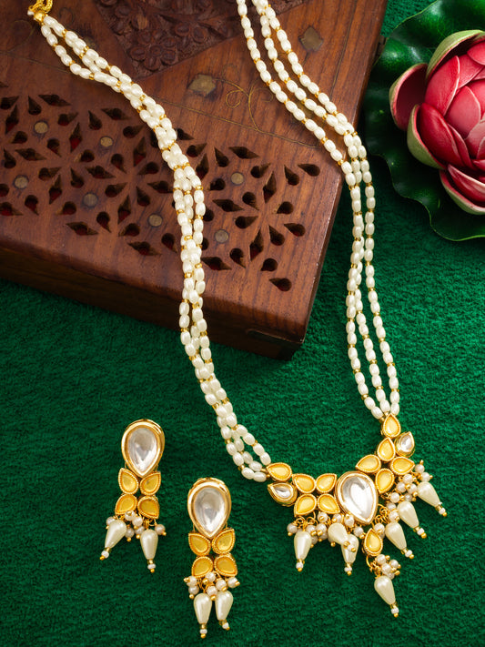 Aadita Gold Plated Kundan & Pearl Layered White Necklace Set with Earrings