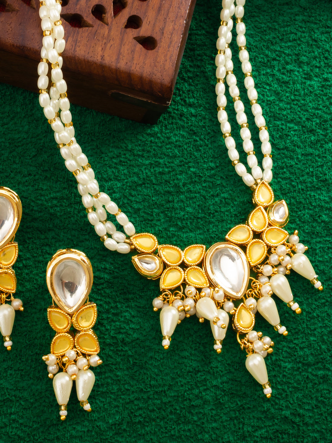Gold Plated Kundan & Pearl Layered White Necklace Set with Earrings