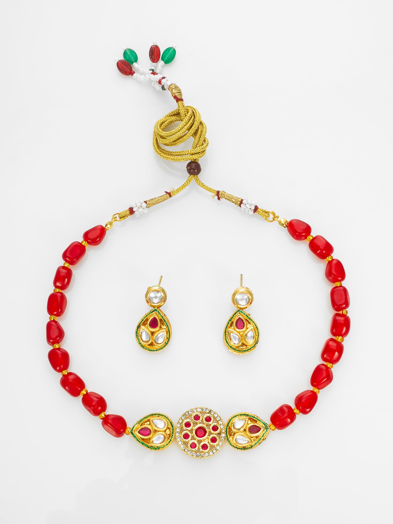 Aadita Red Beads Gold Plated Kundan Necklace Set for Women