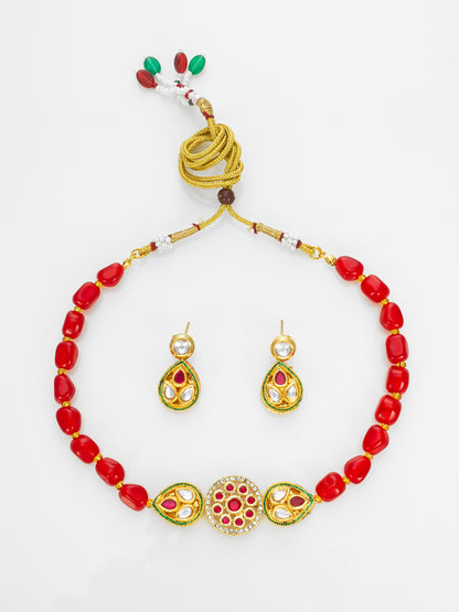 Aadita Red Beads Gold Plated Kundan Necklace Set for Women