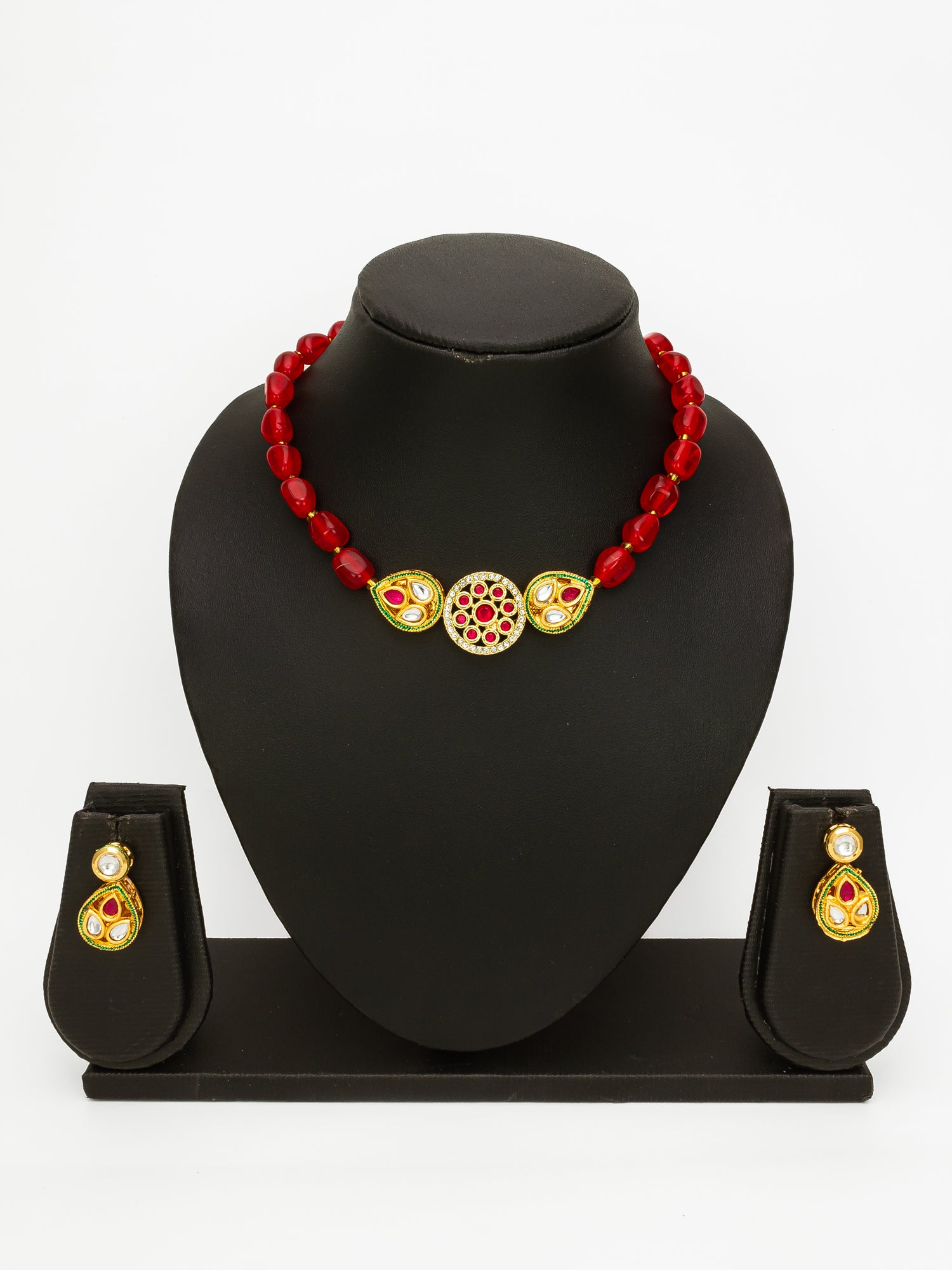 Aadita Red Beads Gold Plated Kundan Necklace Set for Women