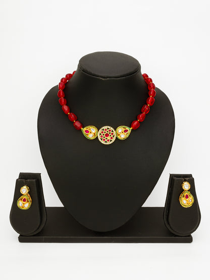 Aadita Red Beads Gold Plated Kundan Necklace Set for Women