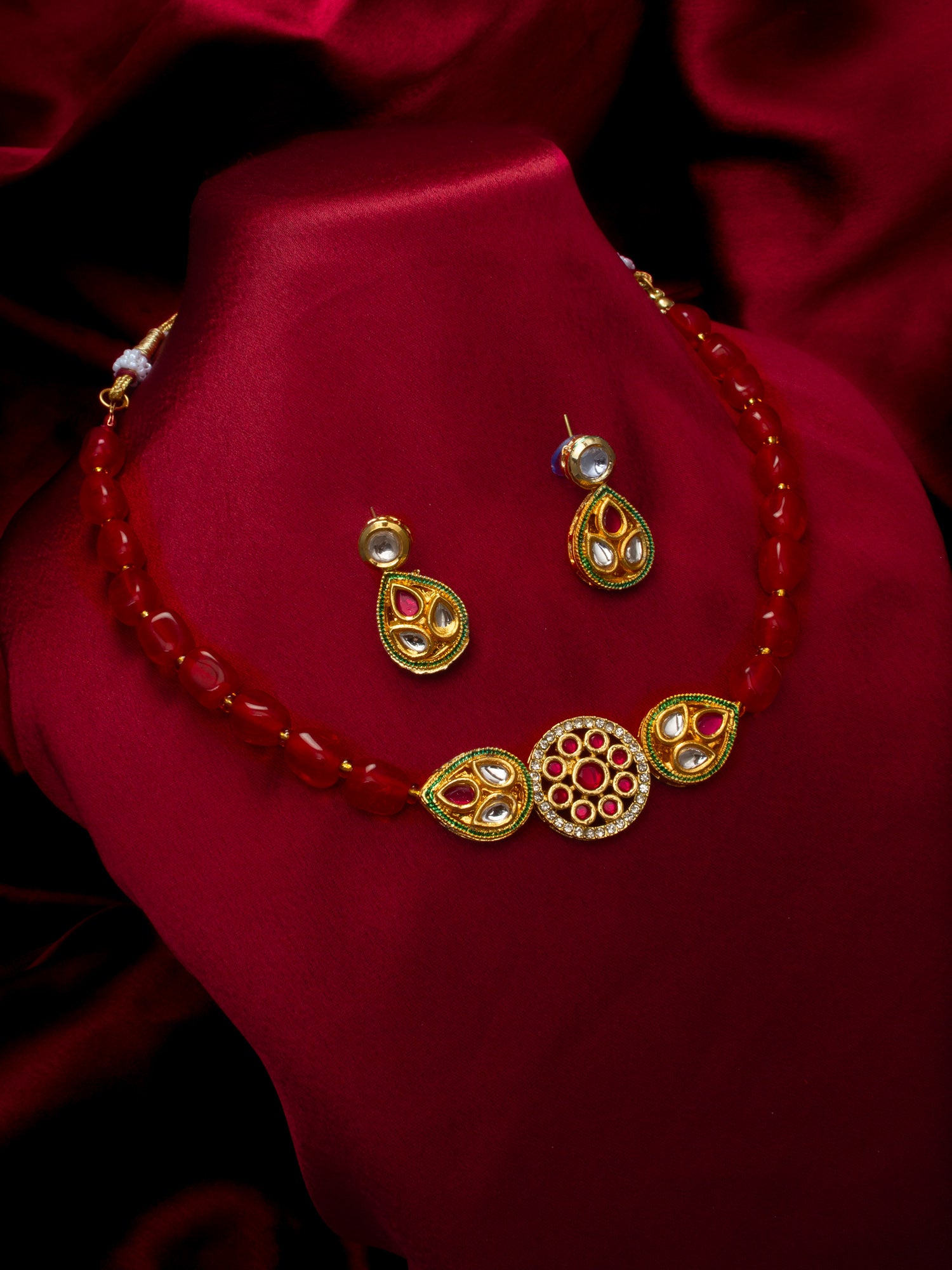 Aadita Red Beads Gold Plated Kundan Necklace Set for Women