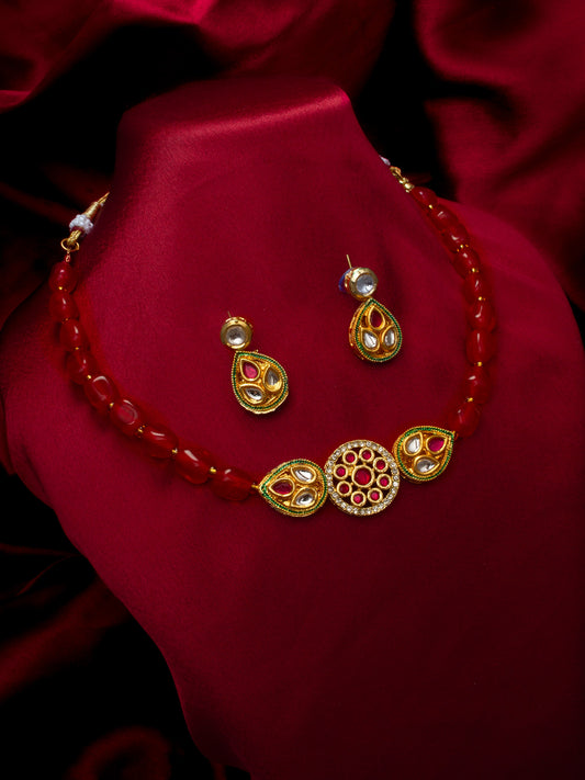 Aadita Red Beads Gold Plated Kundan Necklace Set for Women