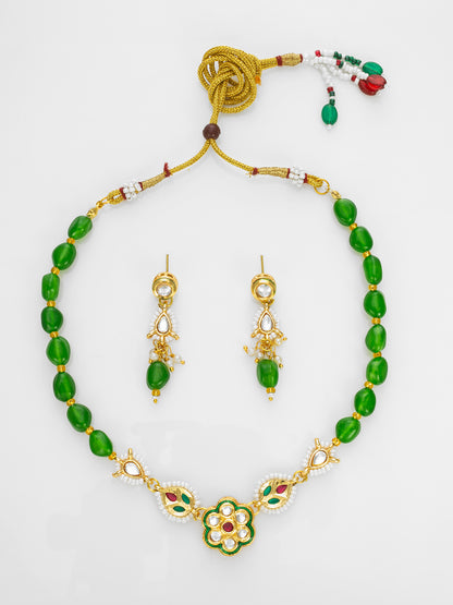 Aadita Gold Plated Green Beaded Kundan Necklace Set for Women