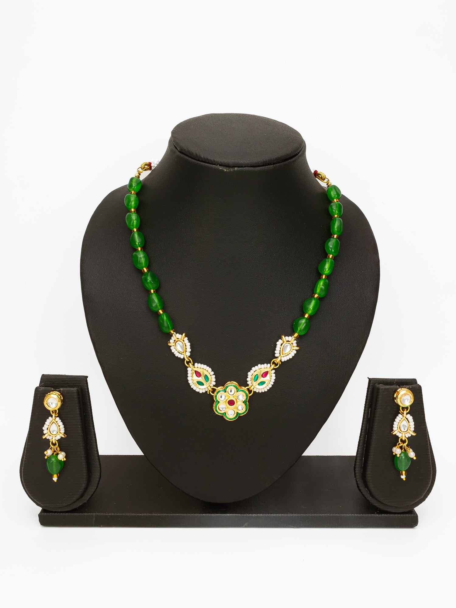 Aadita Gold Plated Green Beaded Kundan Necklace Set for Women
