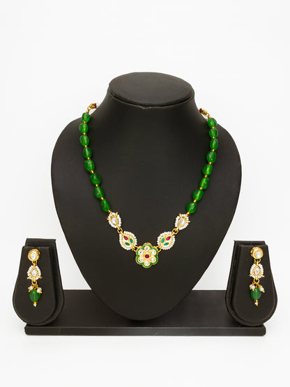 Aadita Gold Plated Green Beaded Kundan Necklace Set for Women