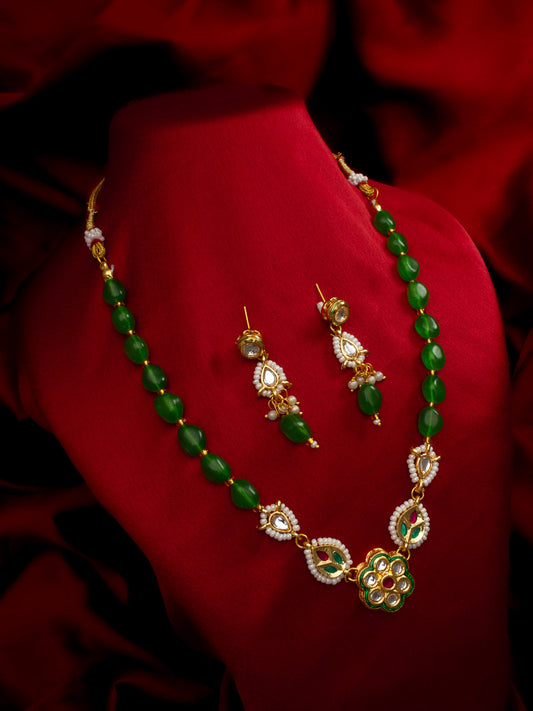 Aadita Gold Plated Green Beaded Kundan Necklace Set for Women