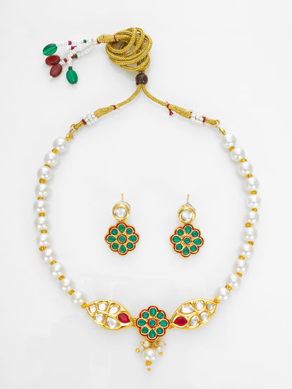 Aadita Gold Plated White Pearl Beaded Traditional Necklace Set