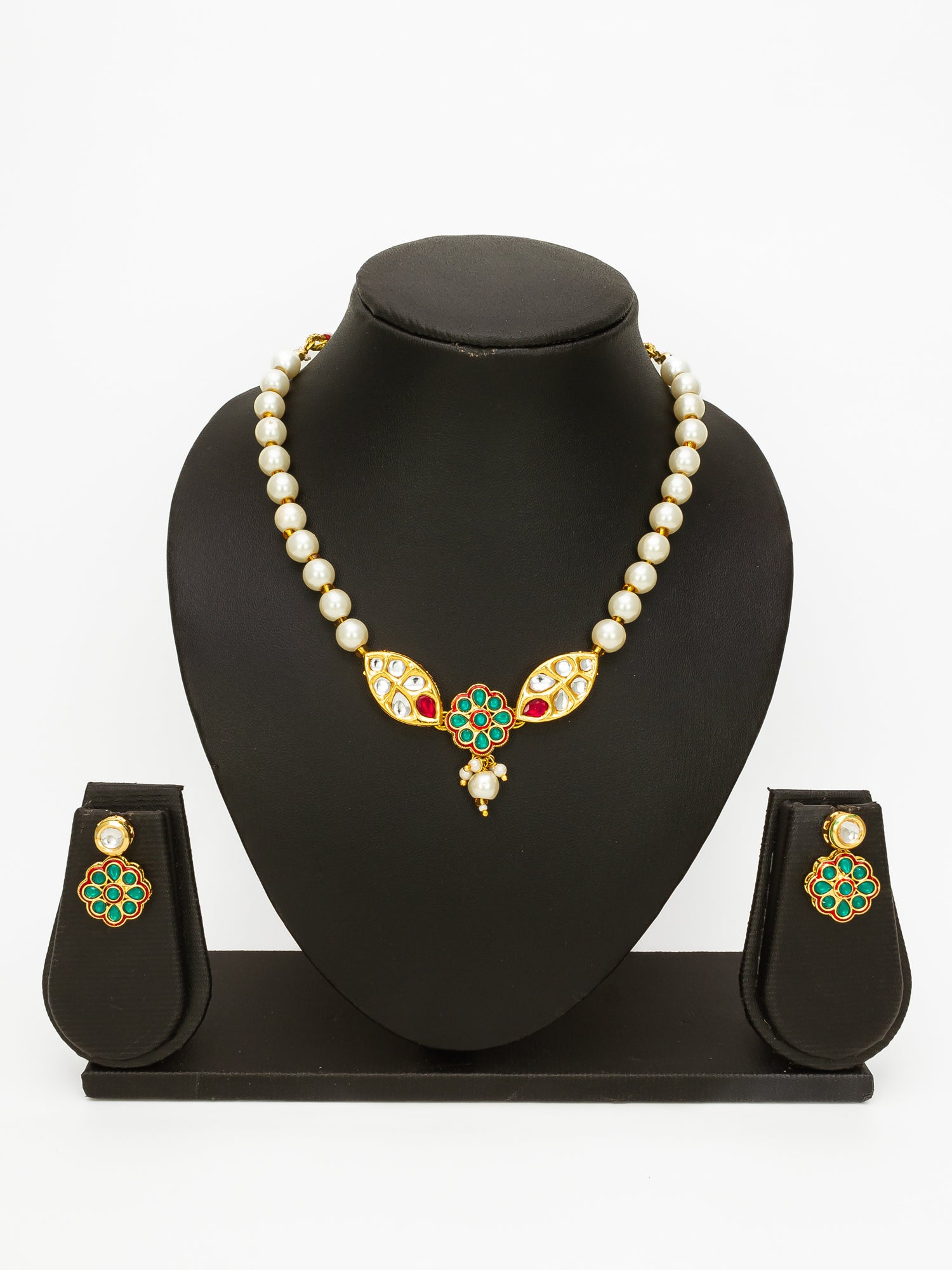 Aadita Gold Plated White Pearl Beaded Traditional Necklace Set