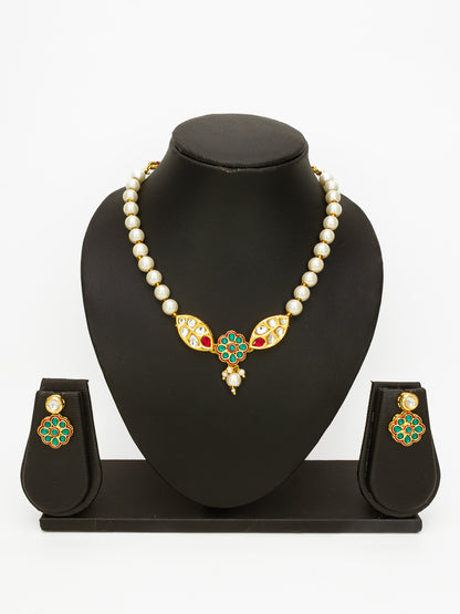 Aadita Gold Plated White Pearl Beaded Traditional Necklace Set