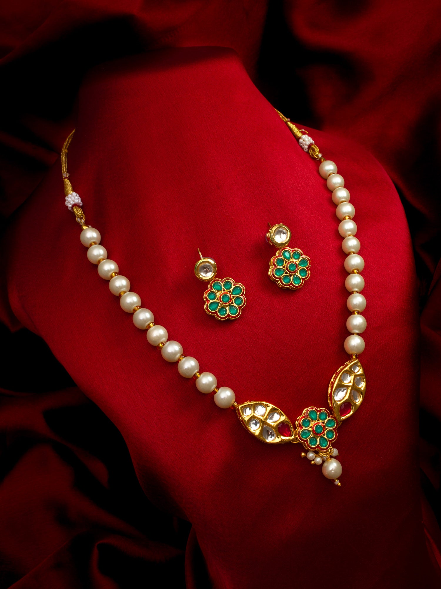 Aadita Gold Plated White Pearl Beaded Traditional Necklace Set