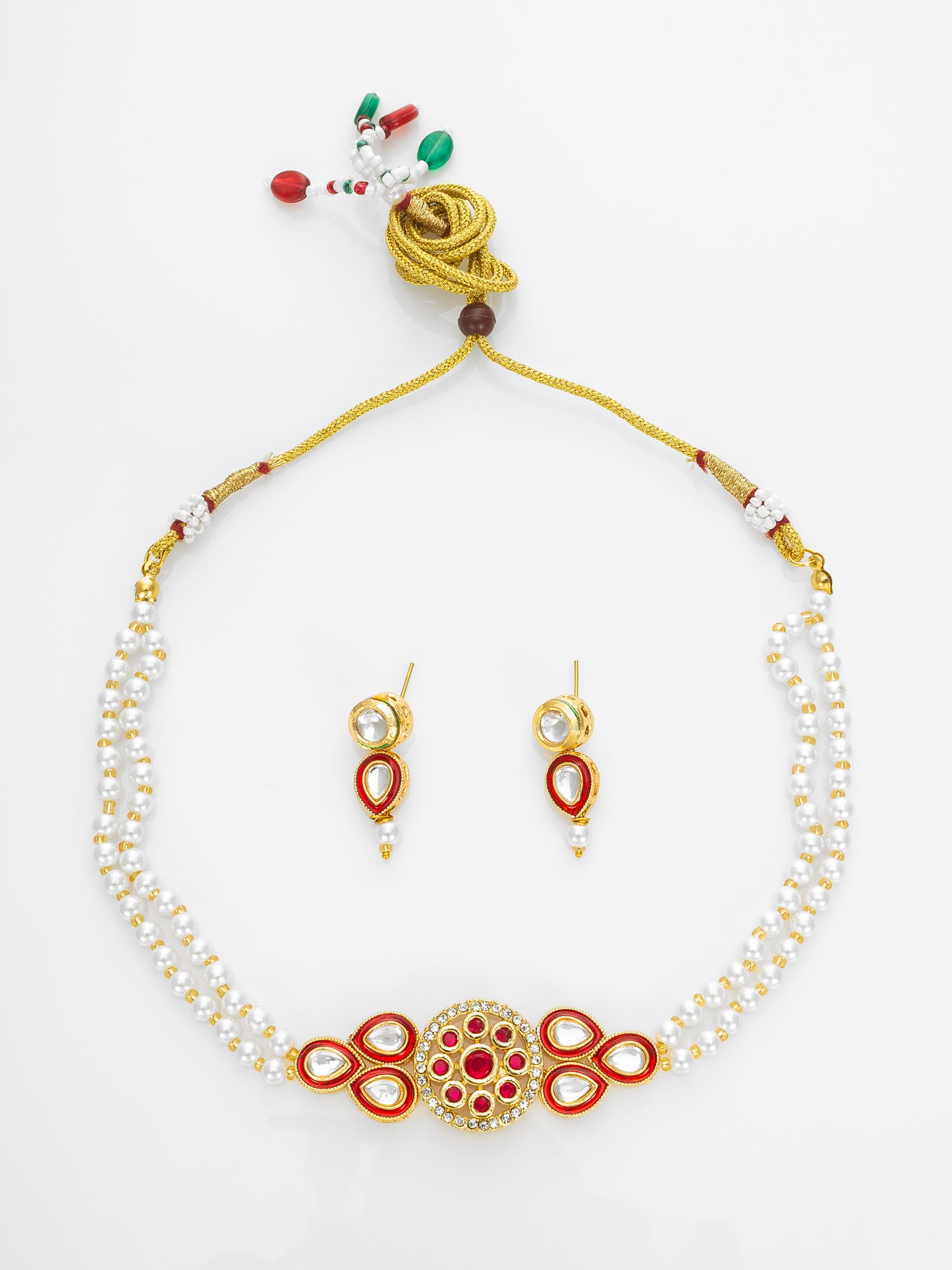 Aadita Gold Plated Red & White Pearl Beaded Kundan Necklace Set for Women