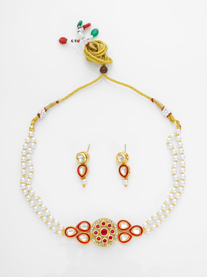 Aadita Gold Plated Red & White Pearl Beaded Kundan Necklace Set for Women