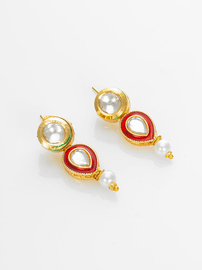 Aadita Gold Plated Red & White Pearl Beaded Kundan Necklace Set for Women