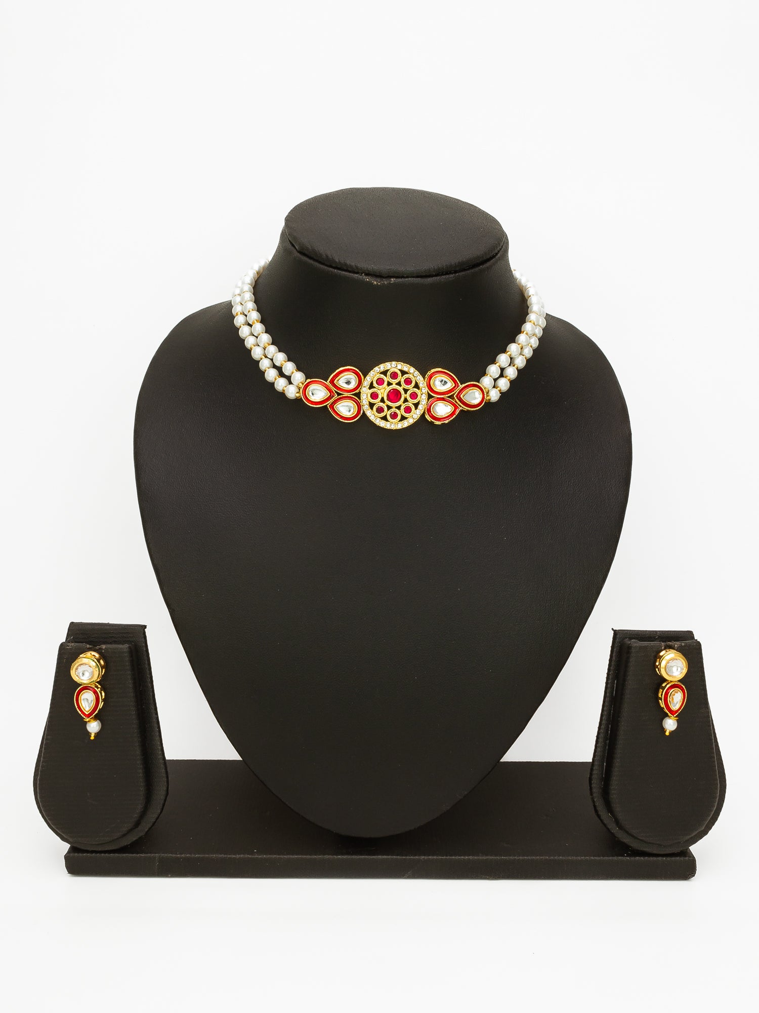 Aadita Gold Plated Red & White Pearl Beaded Kundan Necklace Set for Women