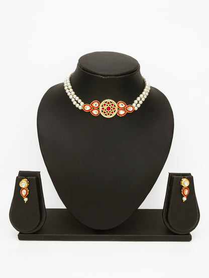 Aadita Gold Plated Red & White Pearl Beaded Kundan Necklace Set for Women